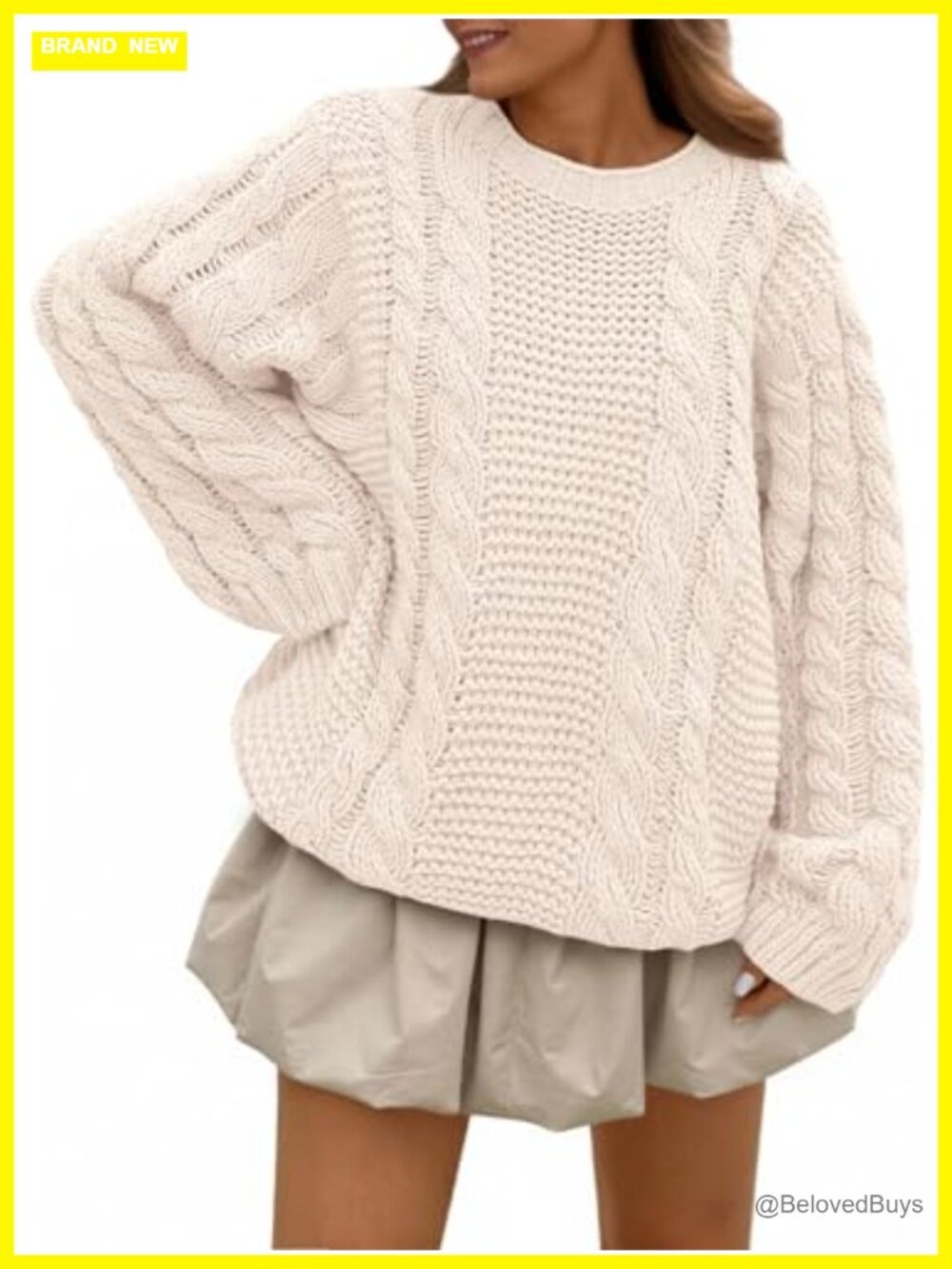 Oversized Cable Knit Sweater Crew Neck Long Sleeve Pullover